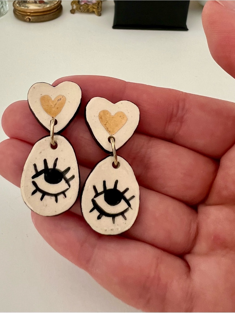 Handmade Ceramic Eye Dangle Earrings Gold Heart Artisan Clay Jewelry